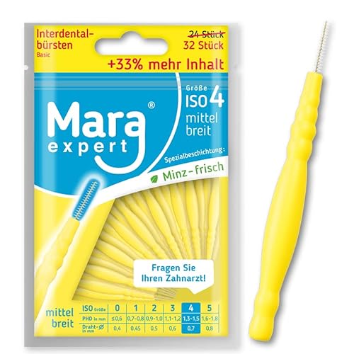 Cepillos interdentales 1,3-1,5 mm Basic by MARA, ISO 4 ancho intermedio, 33 % más contenido, paquete económico, cepillo interdental ideal, sabor a menta, 32 unidades (color amarillo, 4)